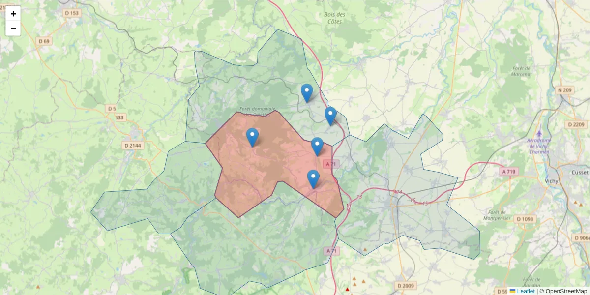 Carte de la zone du code postal  et des codes postaux voisins en France