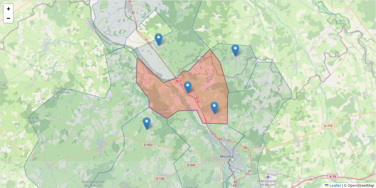 Carte de la zone du code postal  et des codes postaux voisins en France