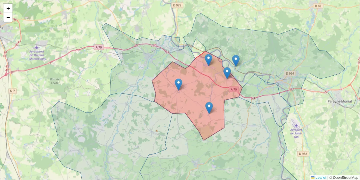 Carte de la zone du code postal  et des codes postaux voisins en France