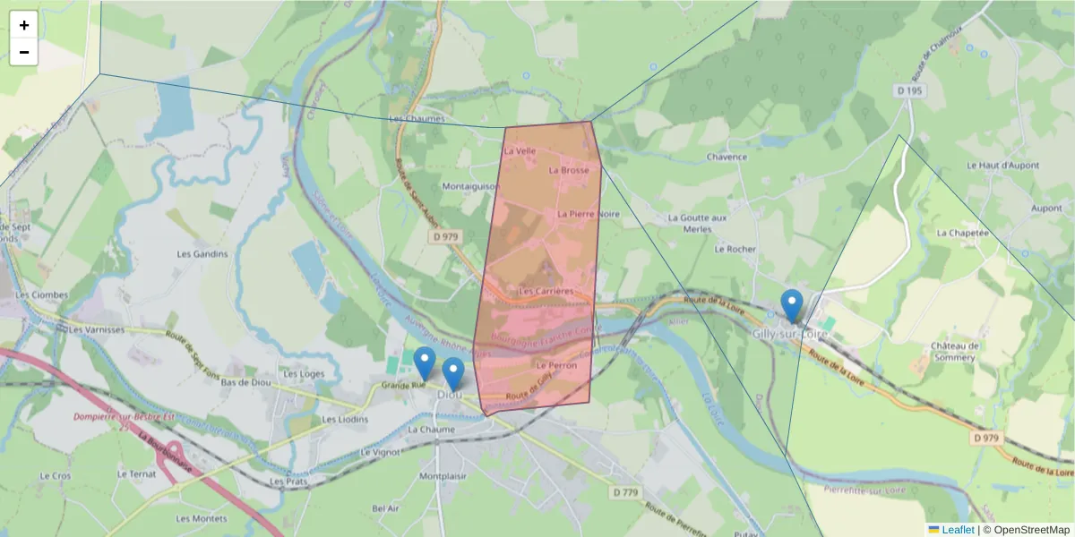 Carte de la zone du code postal  et des codes postaux voisins en France