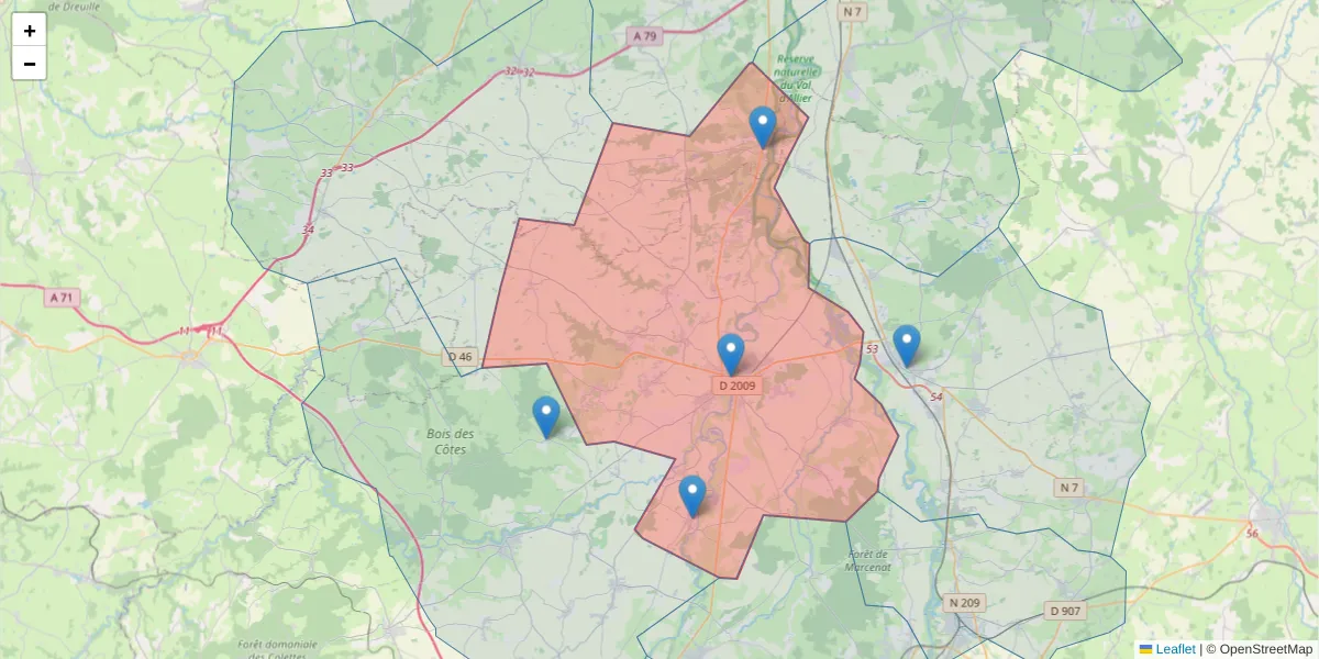Carte de la zone du code postal  et des codes postaux voisins en France