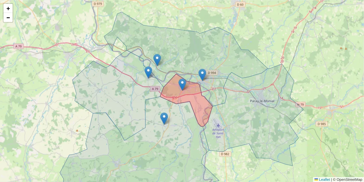 Carte de la zone du code postal  et des codes postaux voisins en France