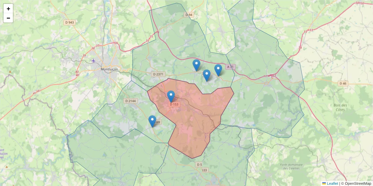Carte de la zone du code postal  et des codes postaux voisins en France