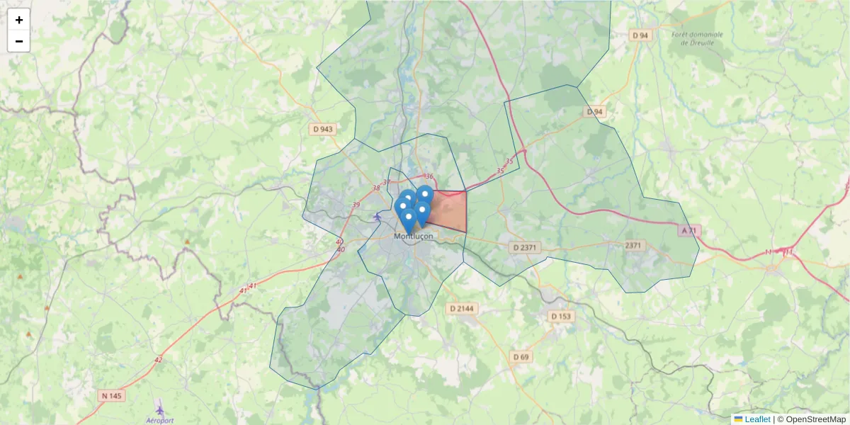 Carte de la zone du code postal  et des codes postaux voisins en France