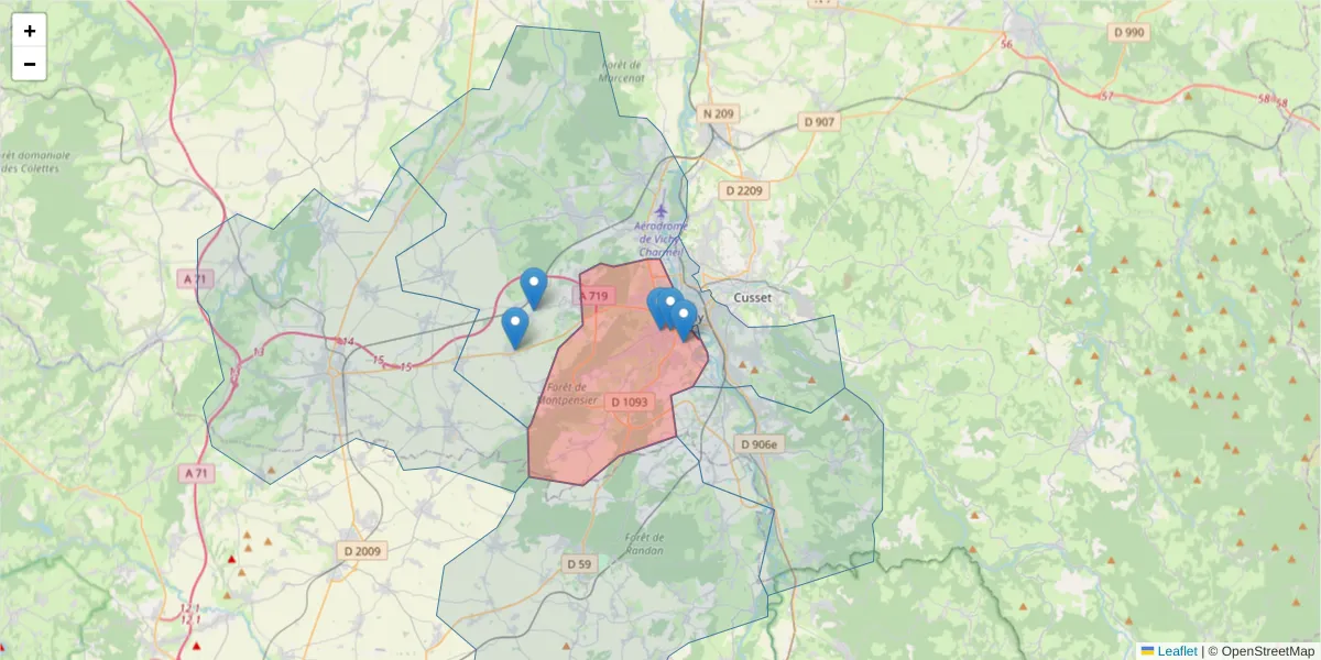 Carte de la zone du code postal  et des codes postaux voisins en France