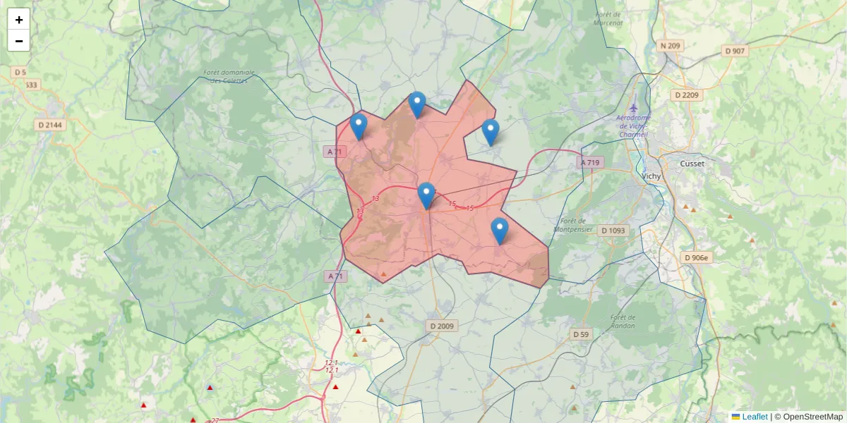 Carte de la zone du code postal  et des codes postaux voisins en France