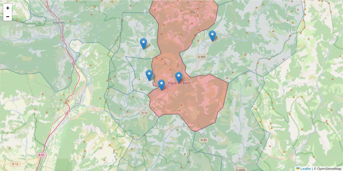 Carte de la zone du code postal  et des codes postaux voisins en France