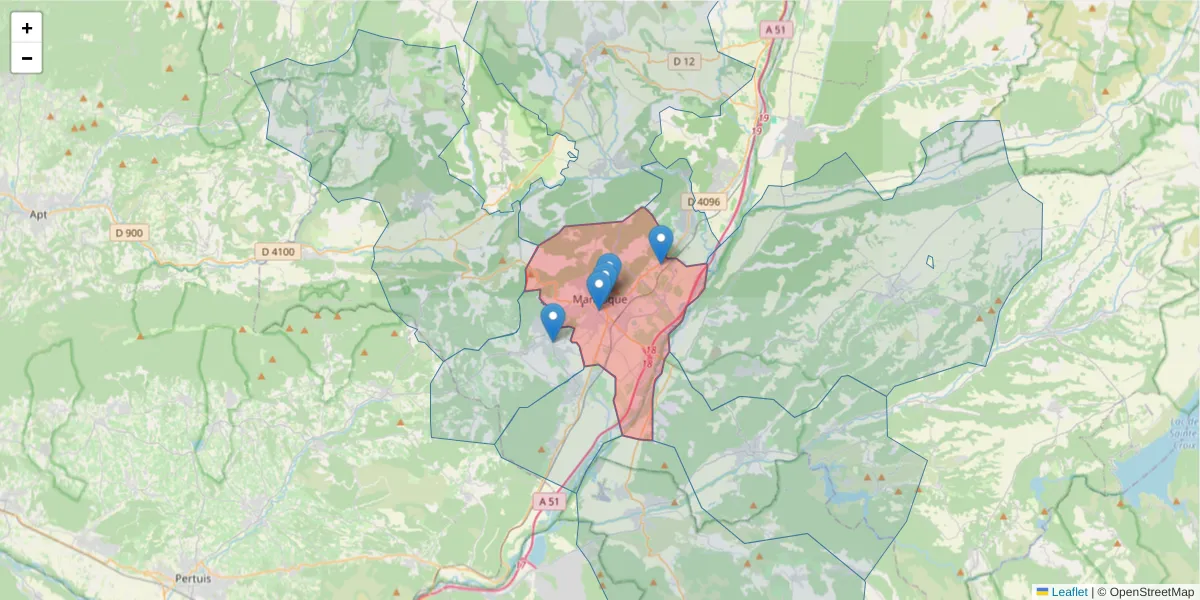 Carte de la zone du code postal  et des codes postaux voisins en France