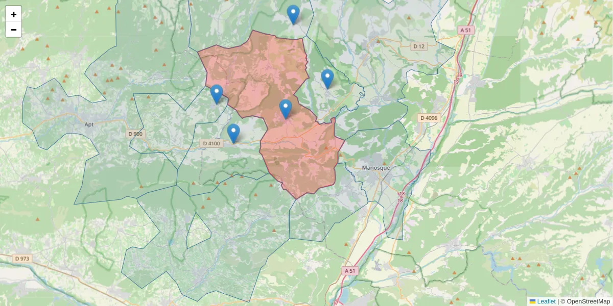 Carte de la zone du code postal  et des codes postaux voisins en France