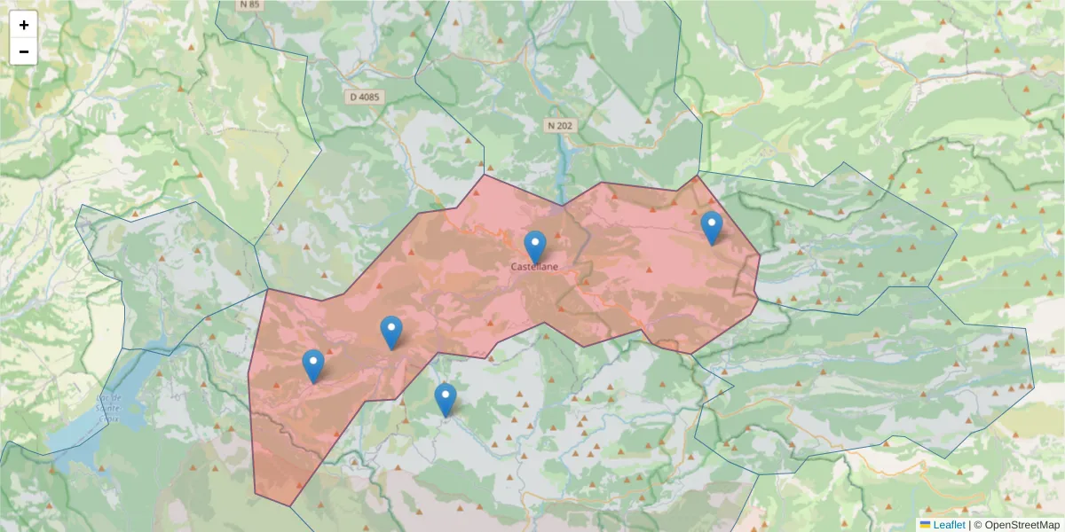 Carte de la zone du code postal  et des codes postaux voisins en France