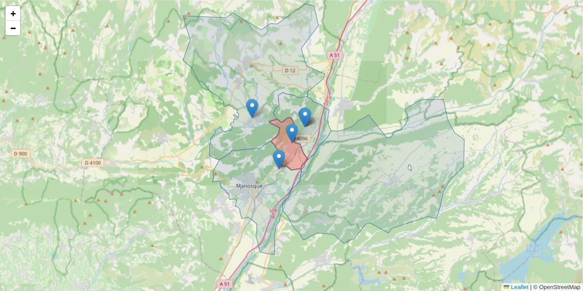 Carte de la zone du code postal  et des codes postaux voisins en France