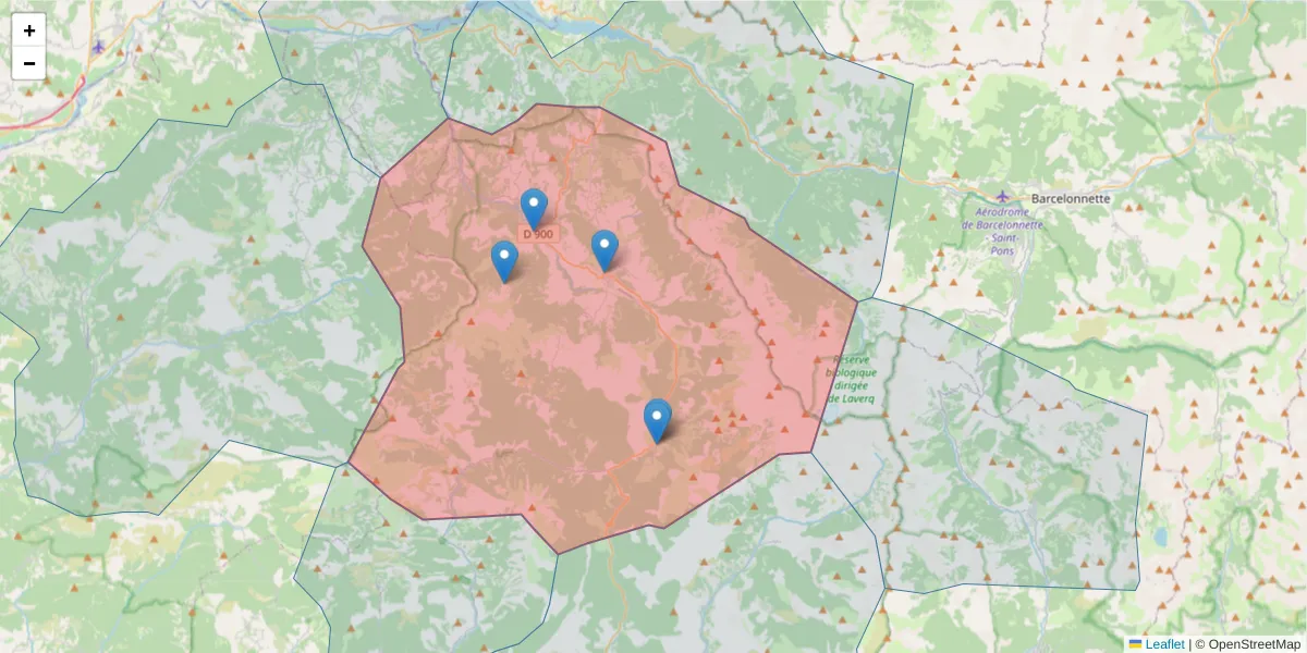 Carte de la zone du code postal  et des codes postaux voisins en France