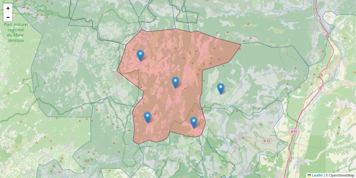 Carte de la zone du code postal  et des codes postaux voisins en France