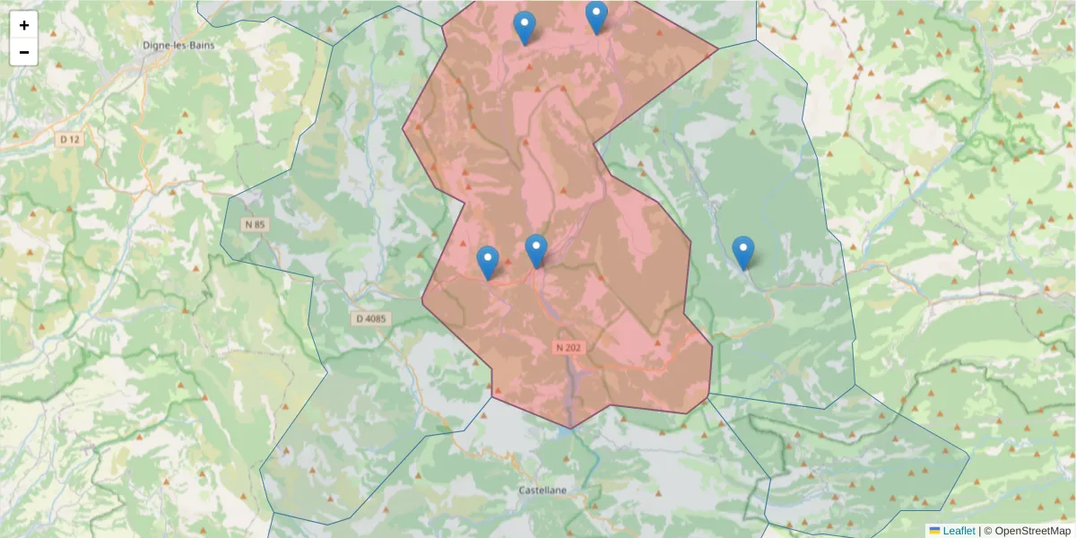 Carte de la zone du code postal  et des codes postaux voisins en France