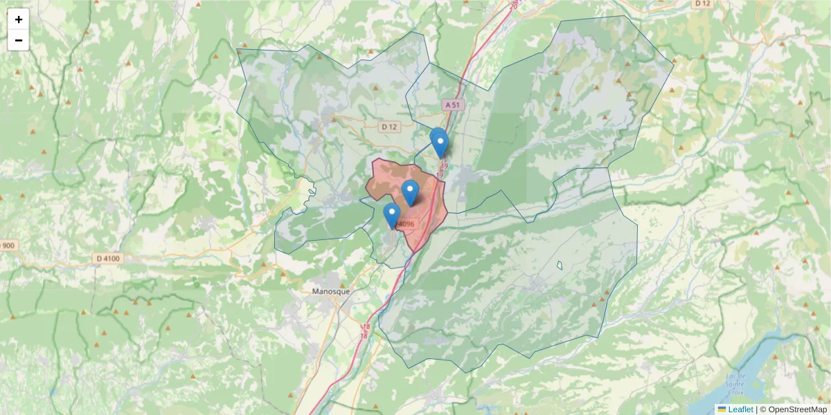 Carte de la zone du code postal  et des codes postaux voisins en France