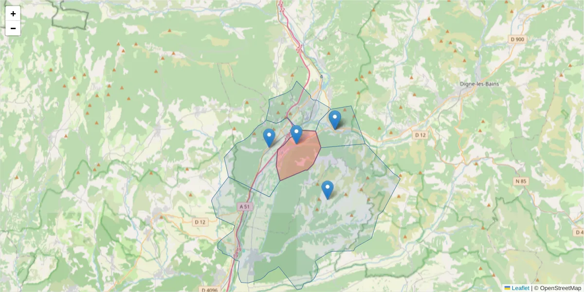 Carte de la zone du code postal  et des codes postaux voisins en France