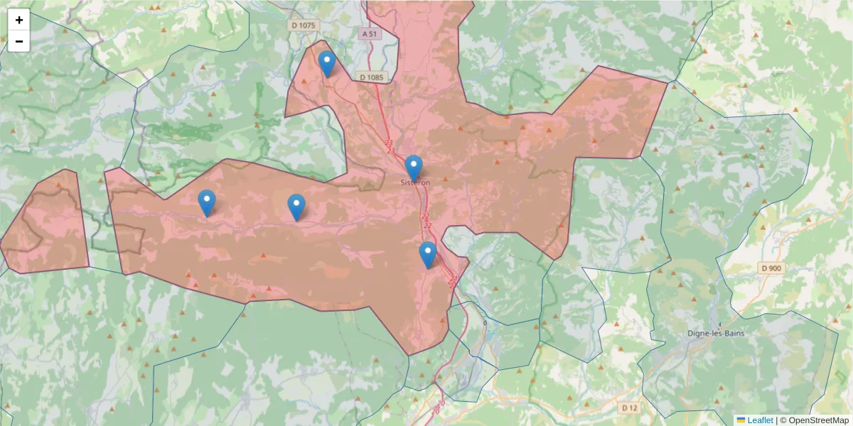 Carte de la zone du code postal  et des codes postaux voisins en France