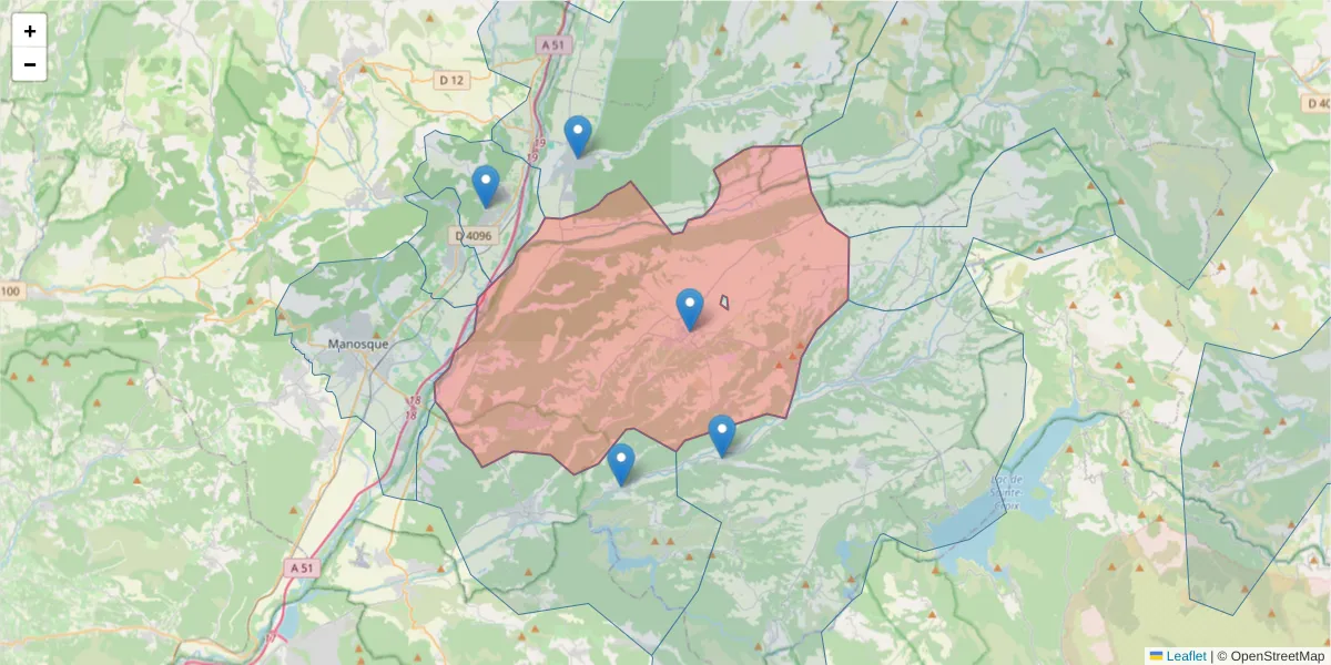 Carte de la zone du code postal  et des codes postaux voisins en France