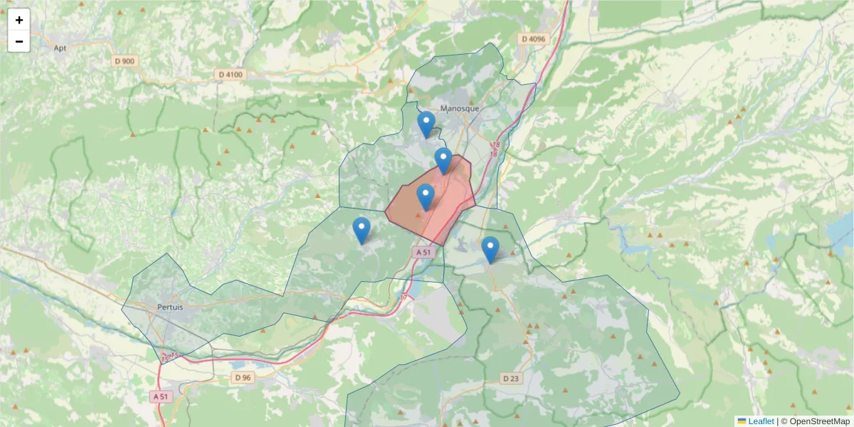 Carte de la zone du code postal  et des codes postaux voisins en France