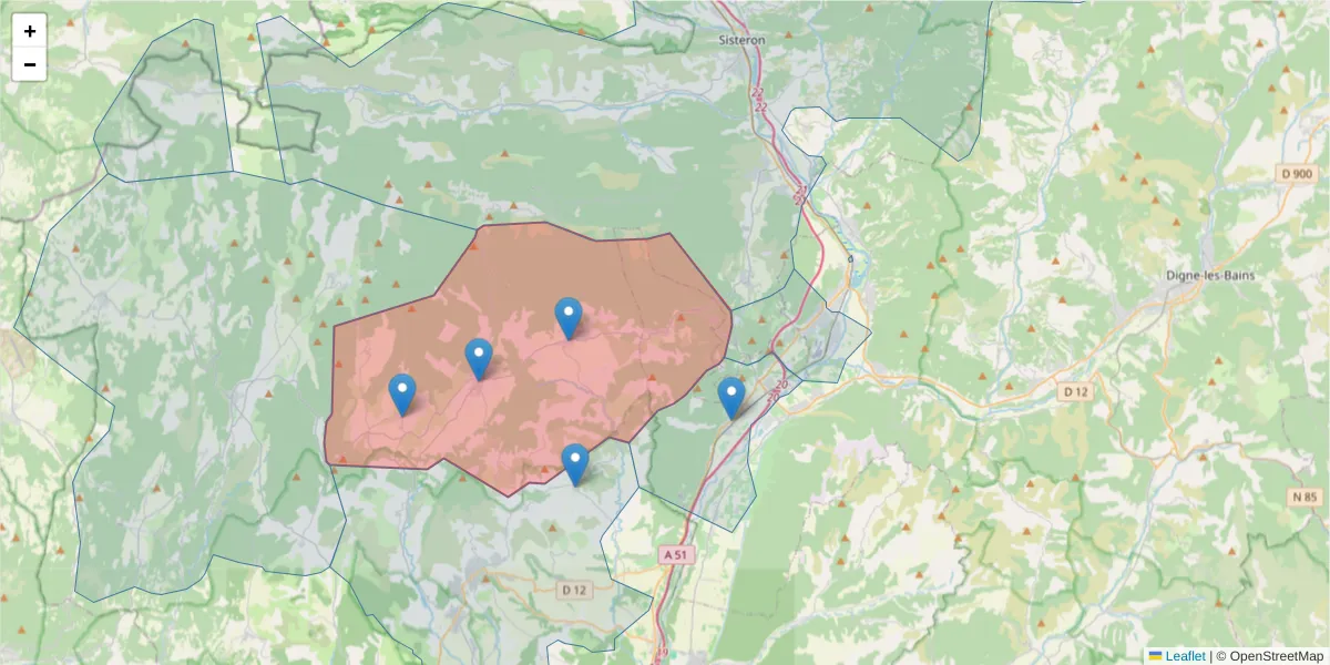 Carte de la zone du code postal  et des codes postaux voisins en France