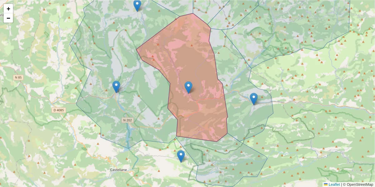 Carte de la zone du code postal  et des codes postaux voisins en France