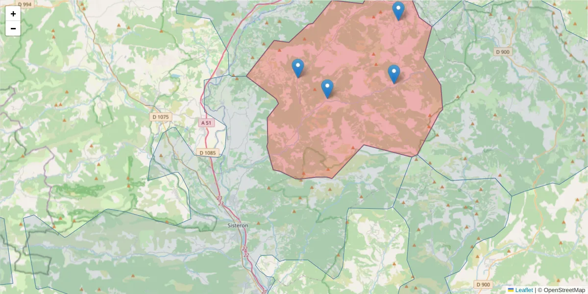 Carte de la zone du code postal  et des codes postaux voisins en France