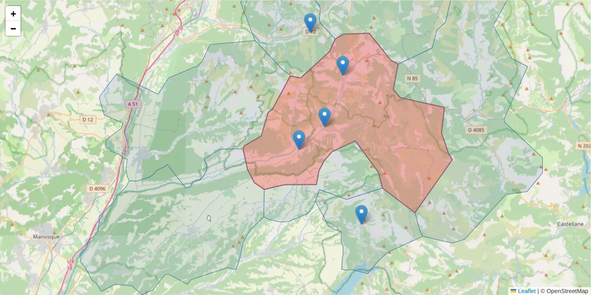 Carte de la zone du code postal  et des codes postaux voisins en France