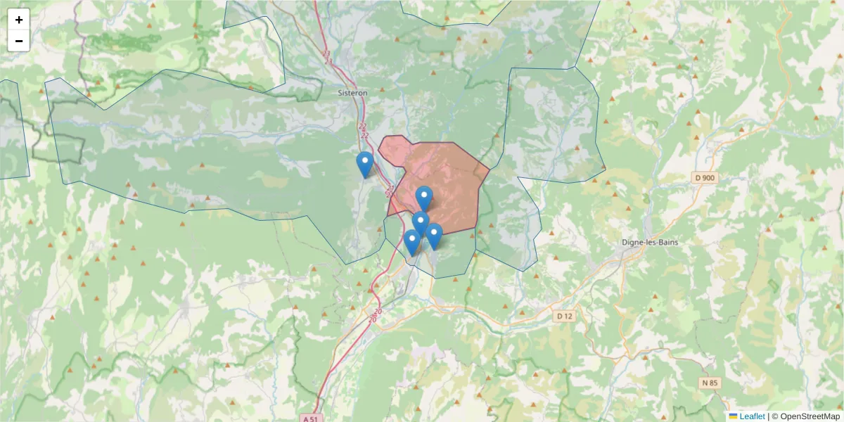 Carte de la zone du code postal  et des codes postaux voisins en France