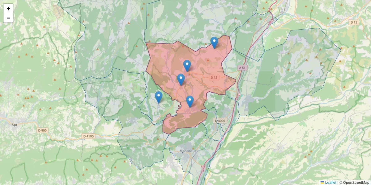 Carte de la zone du code postal  et des codes postaux voisins en France