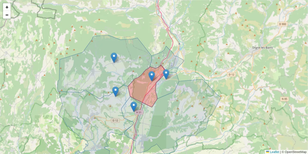 Carte de la zone du code postal  et des codes postaux voisins en France