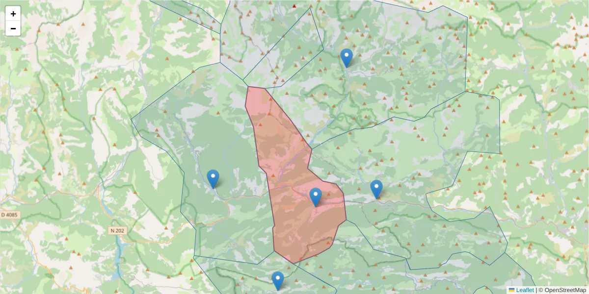 Carte de la zone du code postal  et des codes postaux voisins en France