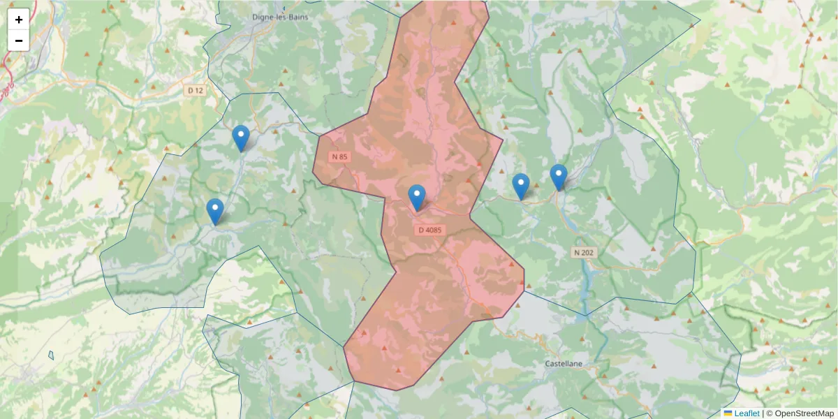 Carte de la zone du code postal  et des codes postaux voisins en France