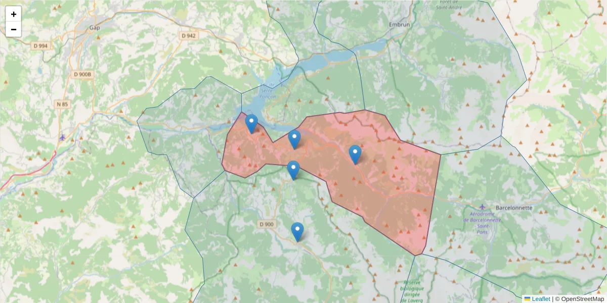 Carte de la zone du code postal  et des codes postaux voisins en France