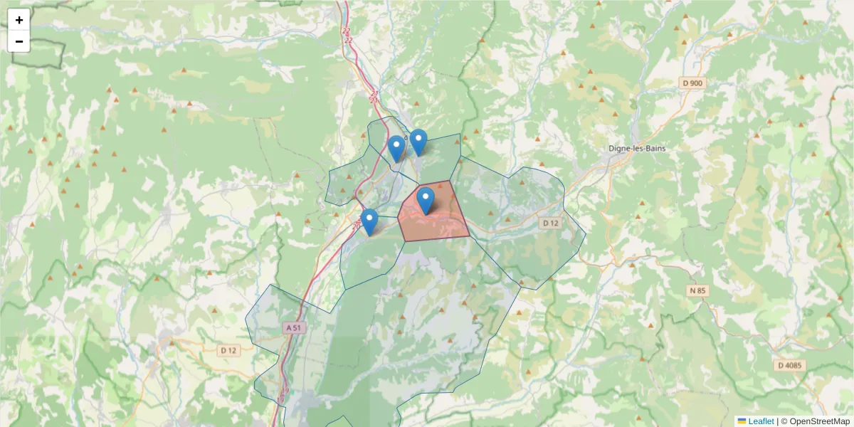 Carte de la zone du code postal  et des codes postaux voisins en France