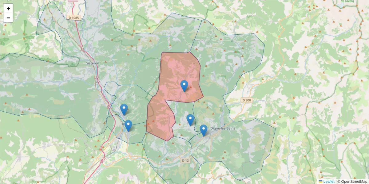 Carte de la zone du code postal  et des codes postaux voisins en France