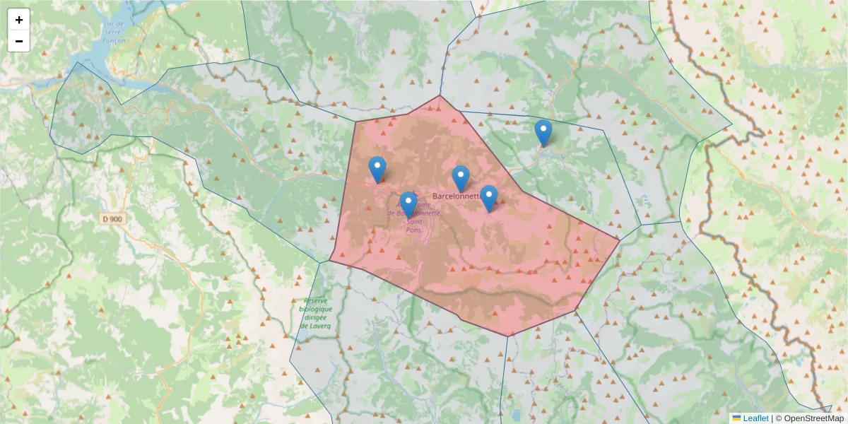 Carte de la zone du code postal  et des codes postaux voisins en France