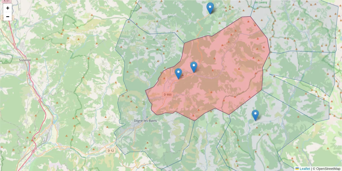 Carte de la zone du code postal  et des codes postaux voisins en France