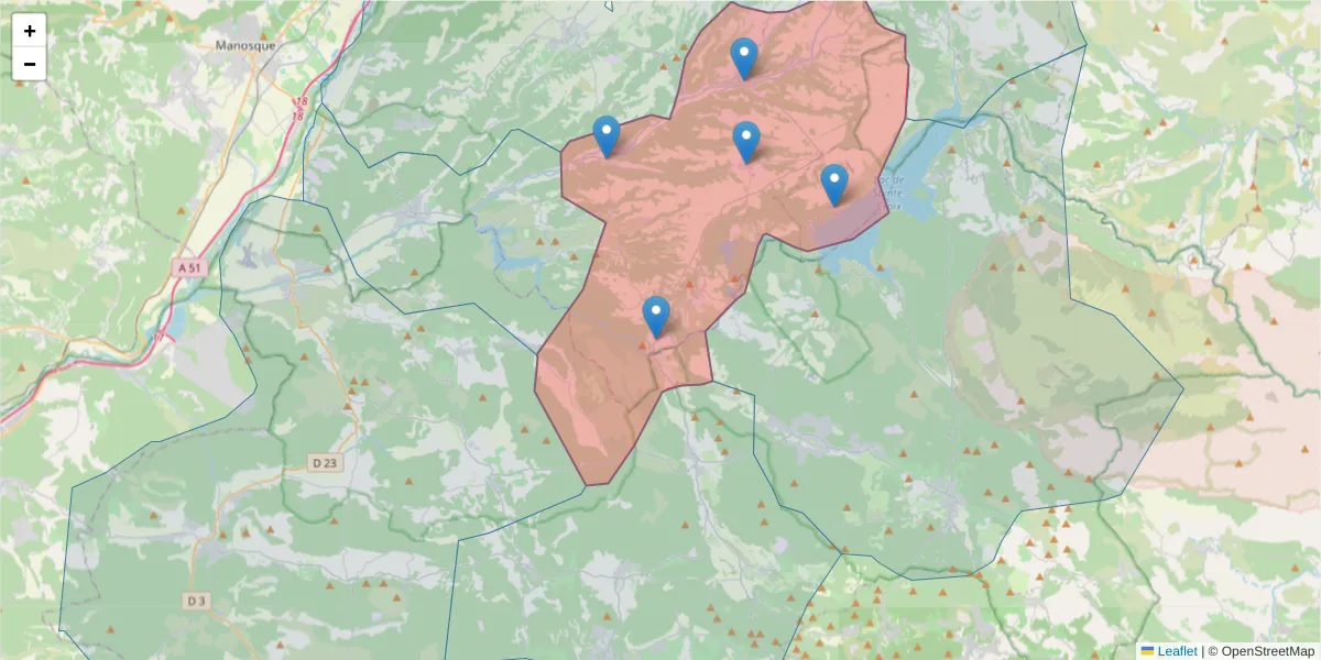 Carte de la zone du code postal  et des codes postaux voisins en France