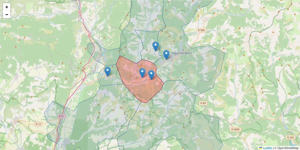 Carte de la zone du code postal  et des codes postaux voisins en France