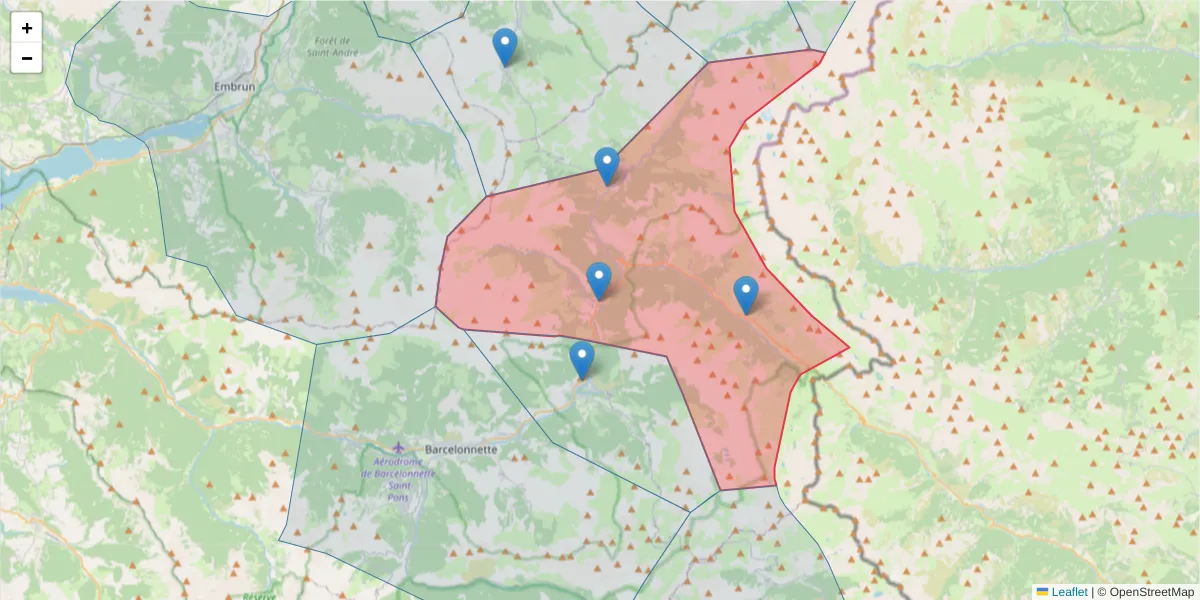 Carte de la zone du code postal  et des codes postaux voisins en France