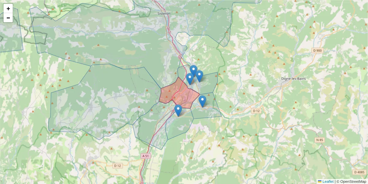 Carte de la zone du code postal  et des codes postaux voisins en France