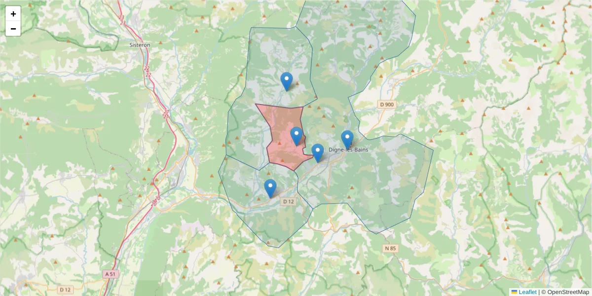 Carte de la zone du code postal  et des codes postaux voisins en France