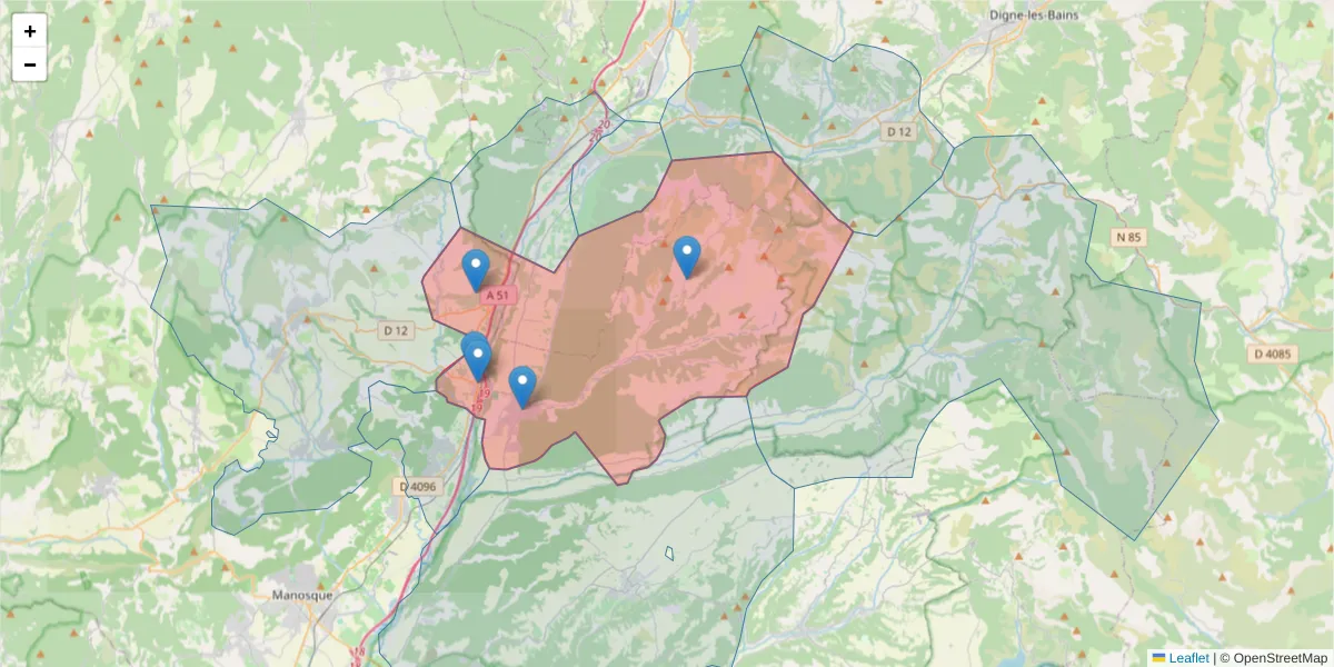 Carte de la zone du code postal  et des codes postaux voisins en France
