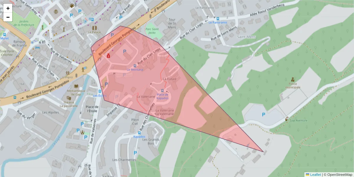 Carte de la zone du code postal  et des codes postaux voisins en France
