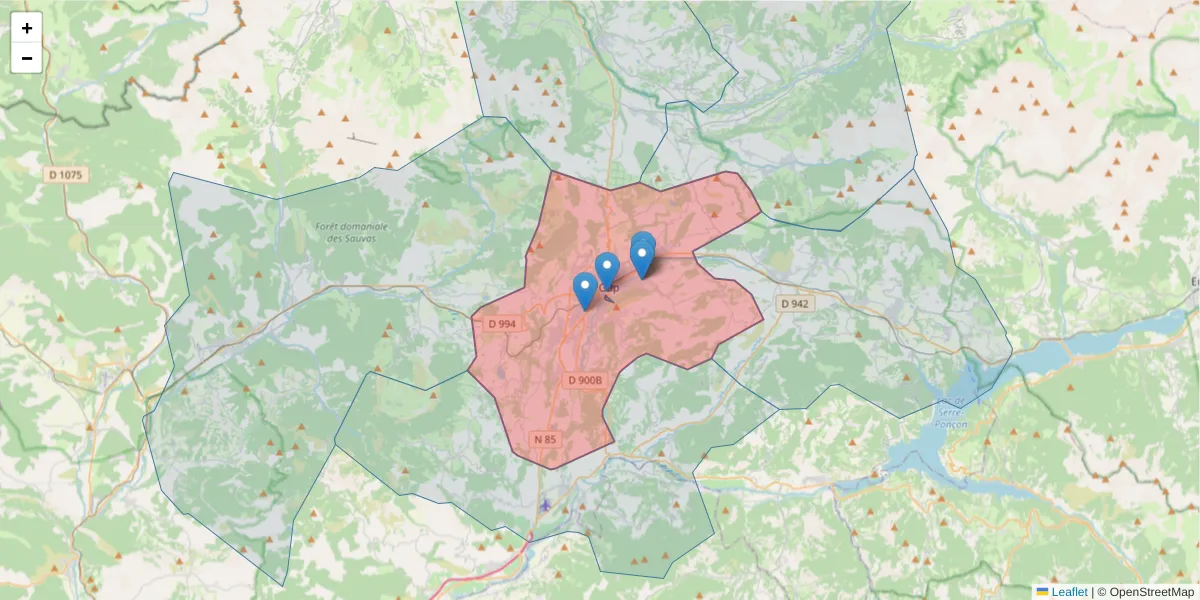 Carte de la zone du code postal  et des codes postaux voisins en France
