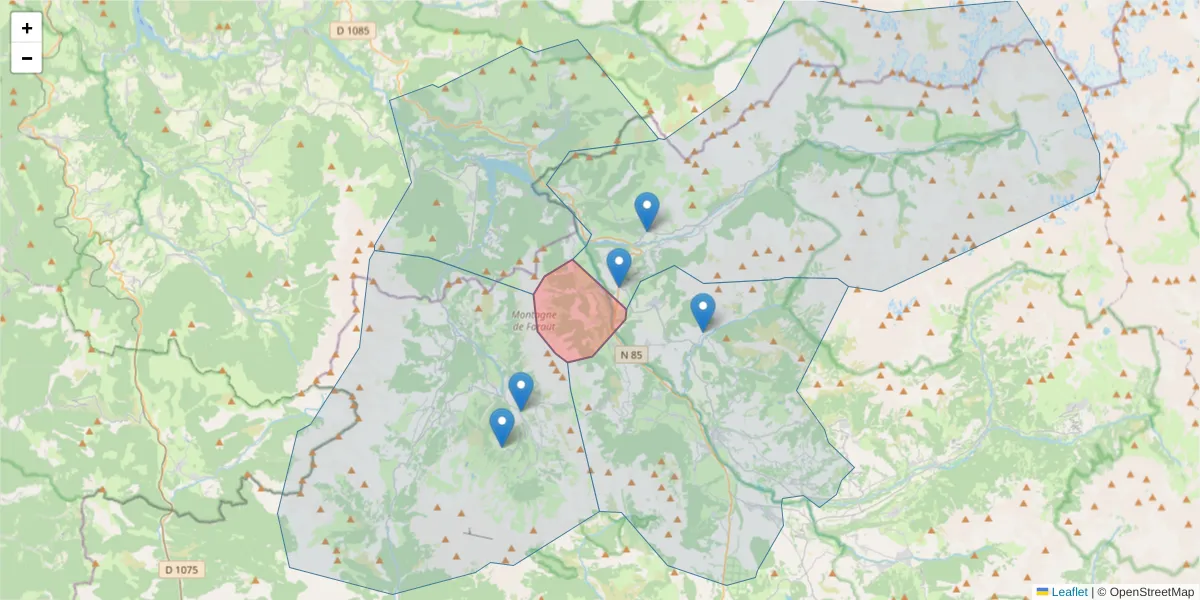 Carte de la zone du code postal  et des codes postaux voisins en France