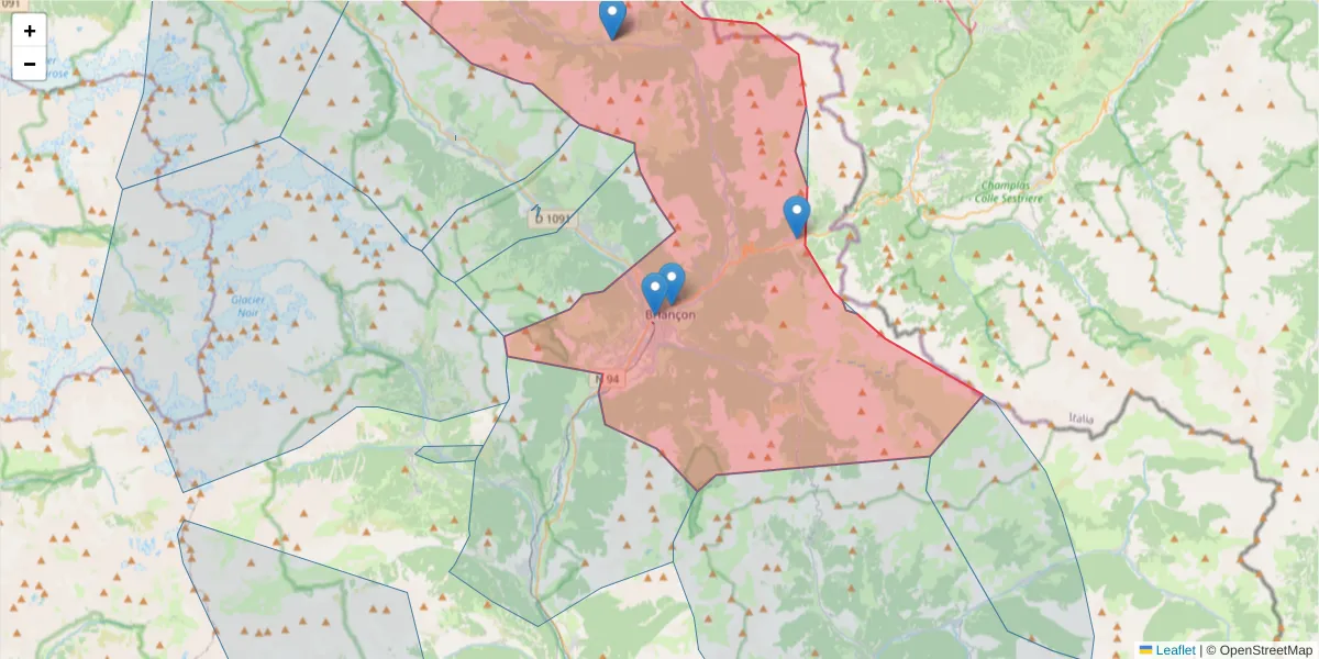 Carte de la zone du code postal  et des codes postaux voisins en France