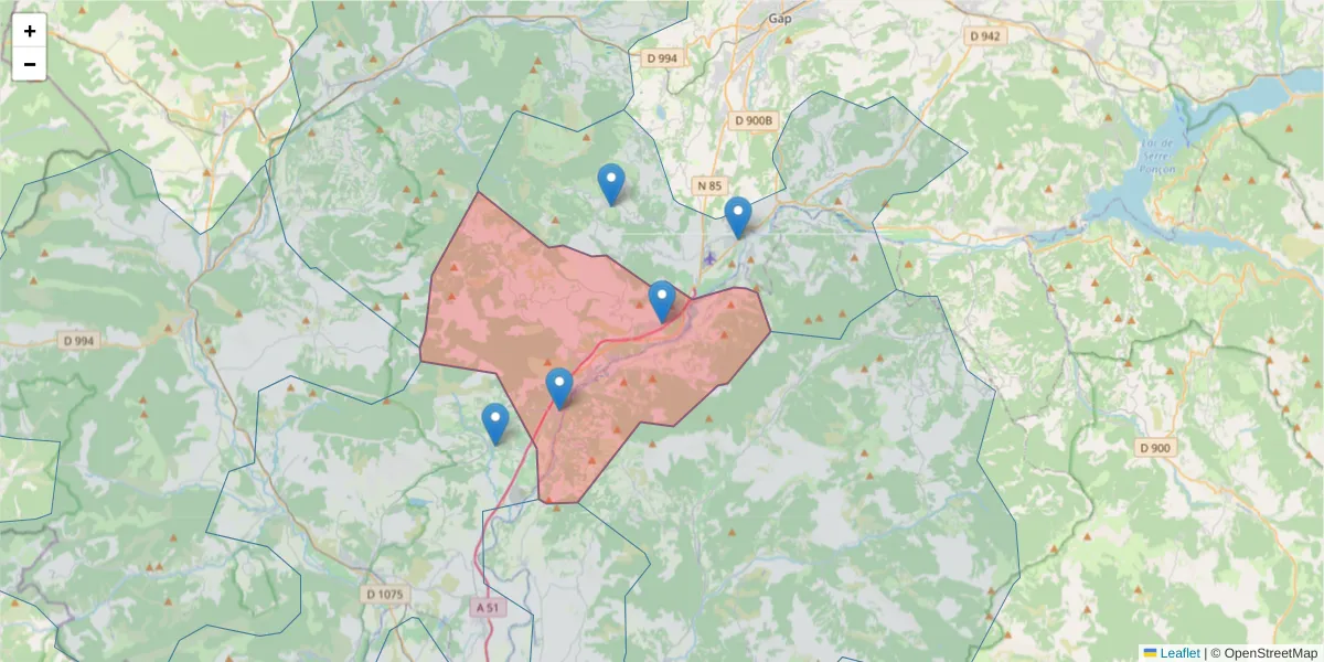 Carte de la zone du code postal  et des codes postaux voisins en France
