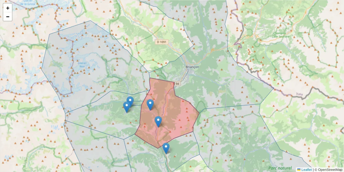 Carte de la zone du code postal  et des codes postaux voisins en France