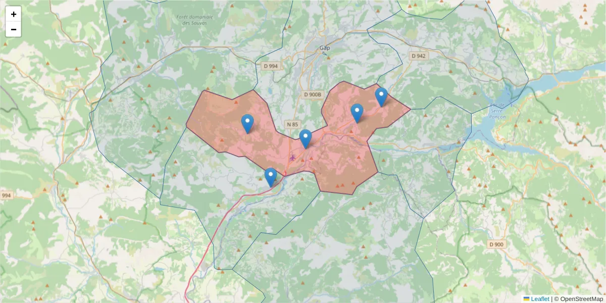 Carte de la zone du code postal  et des codes postaux voisins en France